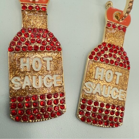 Hot Sauce Bottle Statement Earrings Red and Gold Sparkly Rhinestones - Picture 9 of 9